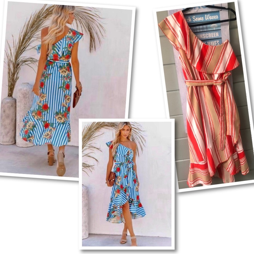 VICI stripe, ruffle one shoulder faux wrap midi dress. w/sash tie M ⚡️FLASH SALE